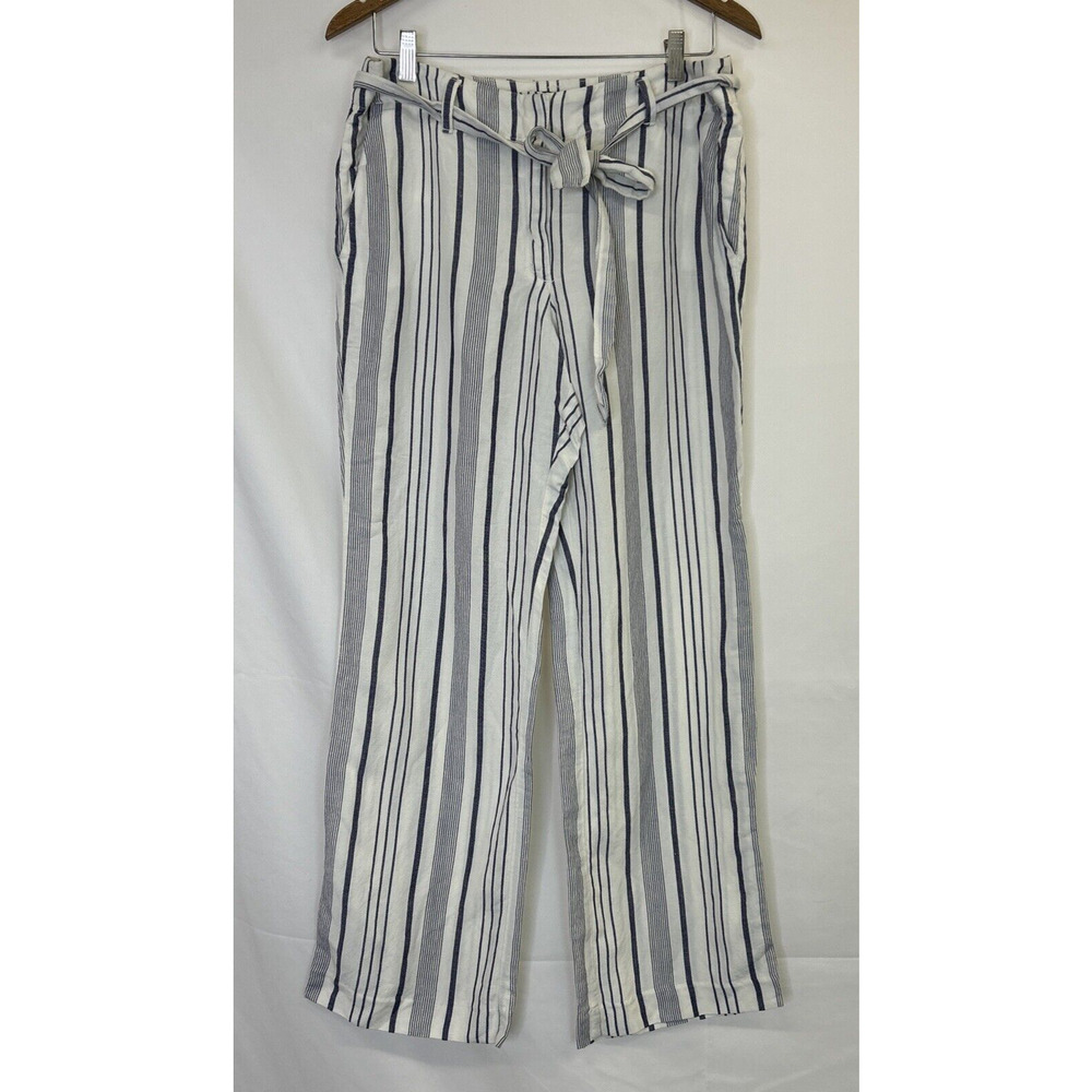 NWT Ann Taylor Loft Linen Wide Leg, Striped Pants Belt Front Pockets 8 FS Chrty